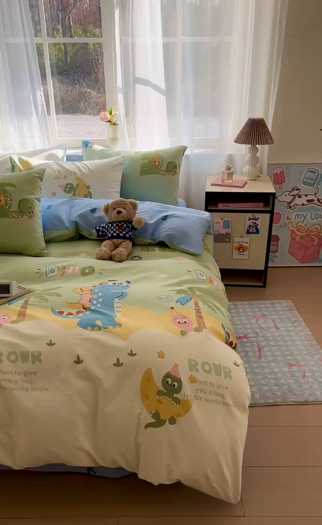 91家纺网 家纺一手货源 找家纺 吉象家纺 2026新款高支密全棉印花四件套 度假恐龙