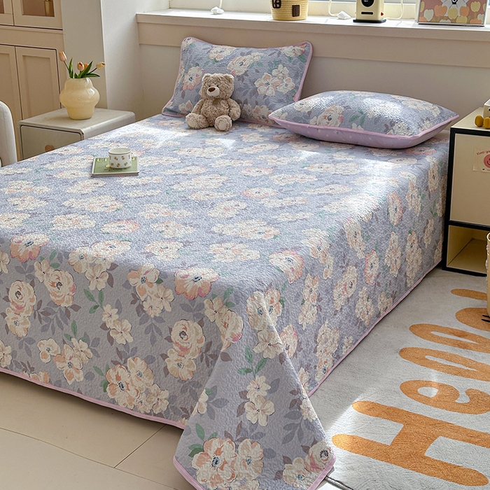 91家纺网 家纺一手货源 找家纺 绵庭家纺 2025新款双面全棉夹棉床盖 幽兰花梦-紫