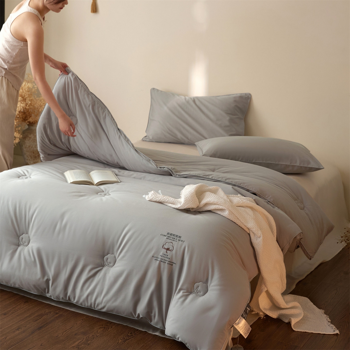 头等舱 2026新款全棉A类（7A抗菌）脱脂100%棉花被（模特图） 脱脂-灰