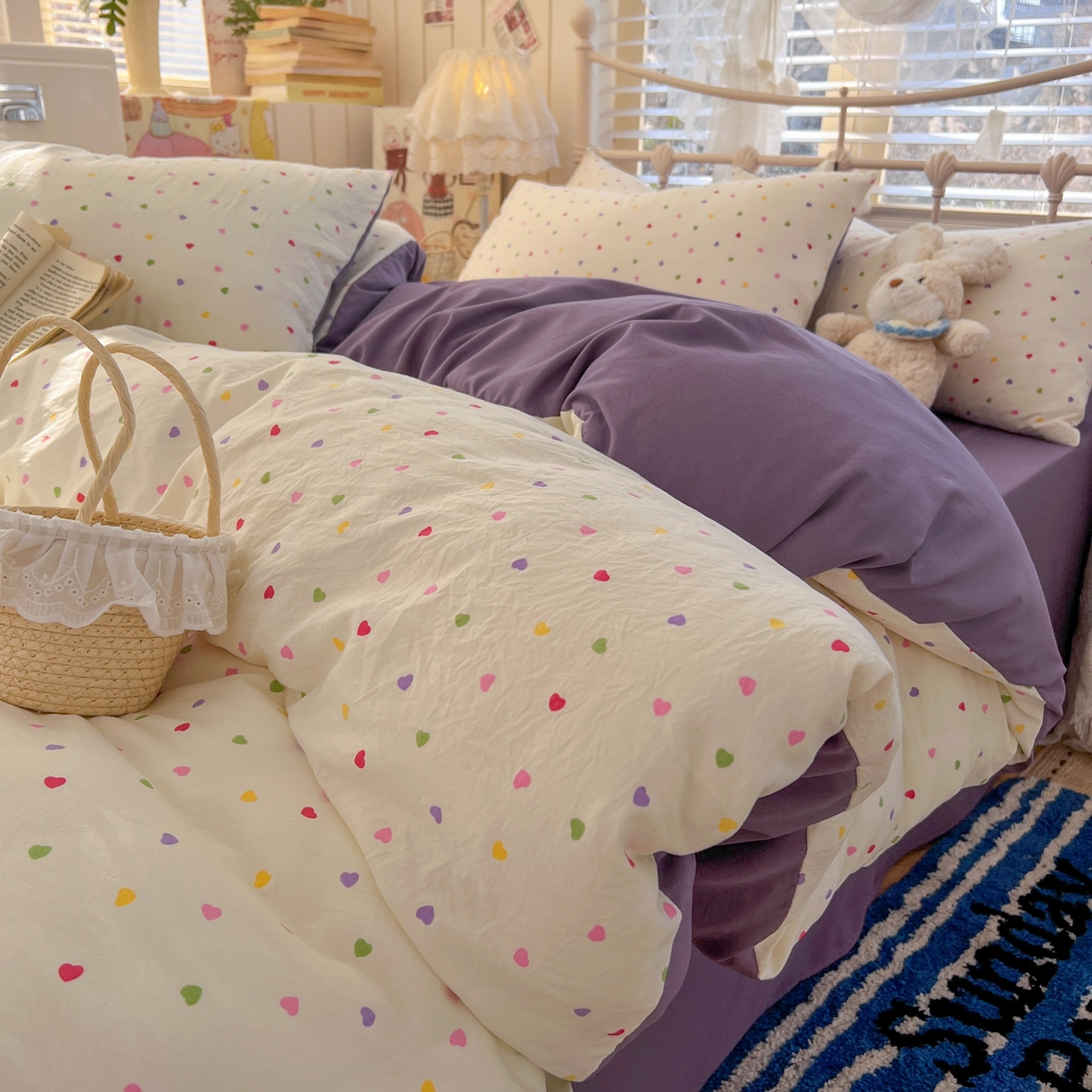 91家纺网 家纺一手货源 找家纺 玉海棠家纺 2026新款古法水洗仿棉云感纱四件套 彩色心动