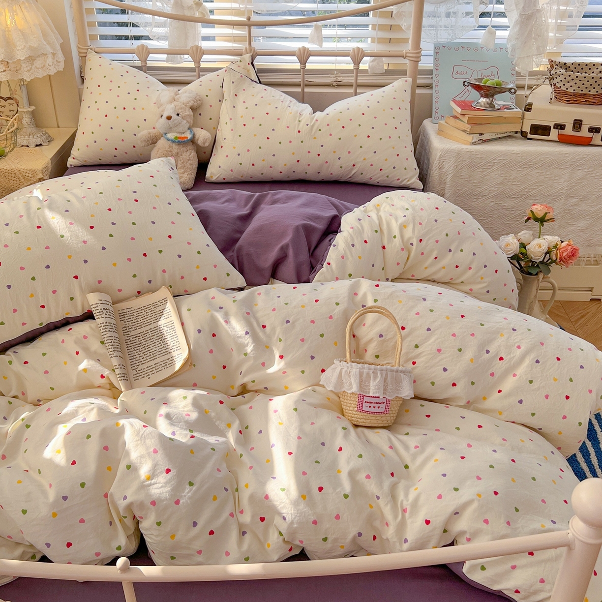 91家纺网 家纺一手货源 找家纺 玉海棠家纺 2026新款古法水洗仿棉云感纱四件套 彩色心动