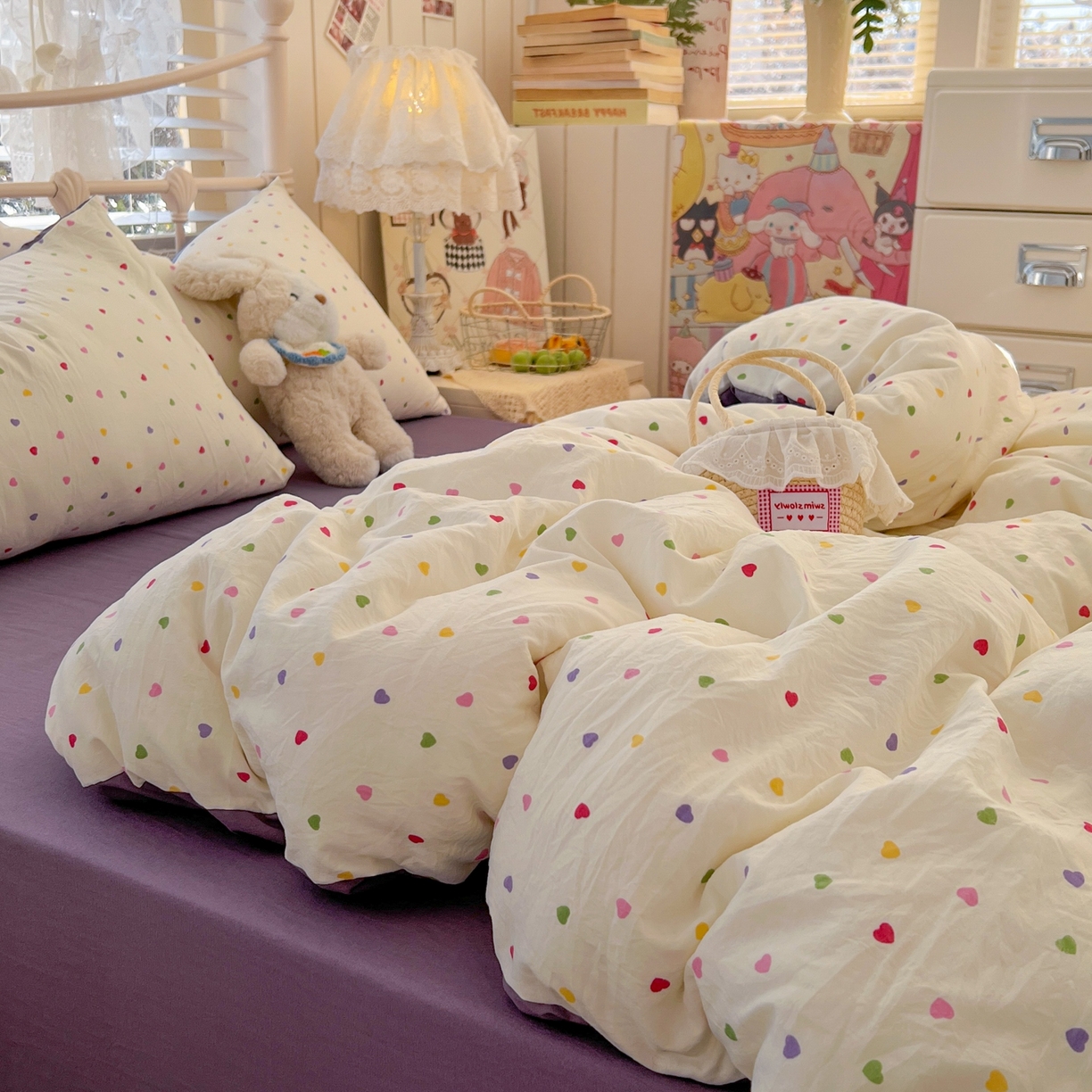 91家纺网 家纺一手货源 找家纺 玉海棠家纺 2026新款古法水洗仿棉云感纱四件套 彩色心动