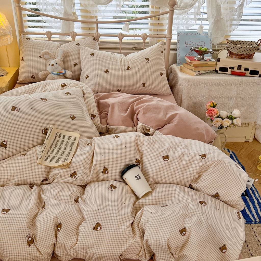 91家纺网 家纺一手货源 找家纺 玉海棠家纺 2026新款古法水洗仿棉云感纱四件套 格调熊