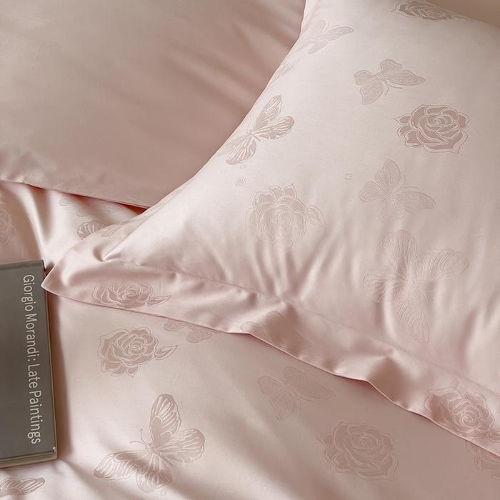 91家纺网 家纺一手货源 找家纺 淳绵家居 2025新款50*50S长绒棉全棉纯棉提花单枕套单品枕套枕套单件 花间集-仙桃粉