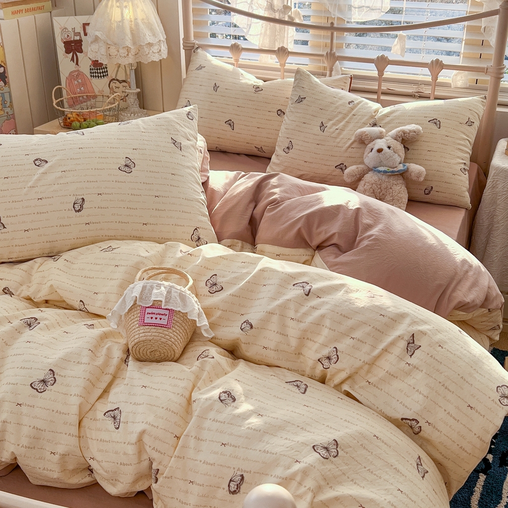91家纺网 家纺一手货源 找家纺 玉海棠家纺 2026新款古法水洗仿棉云感纱四件套 蝴蝶飞