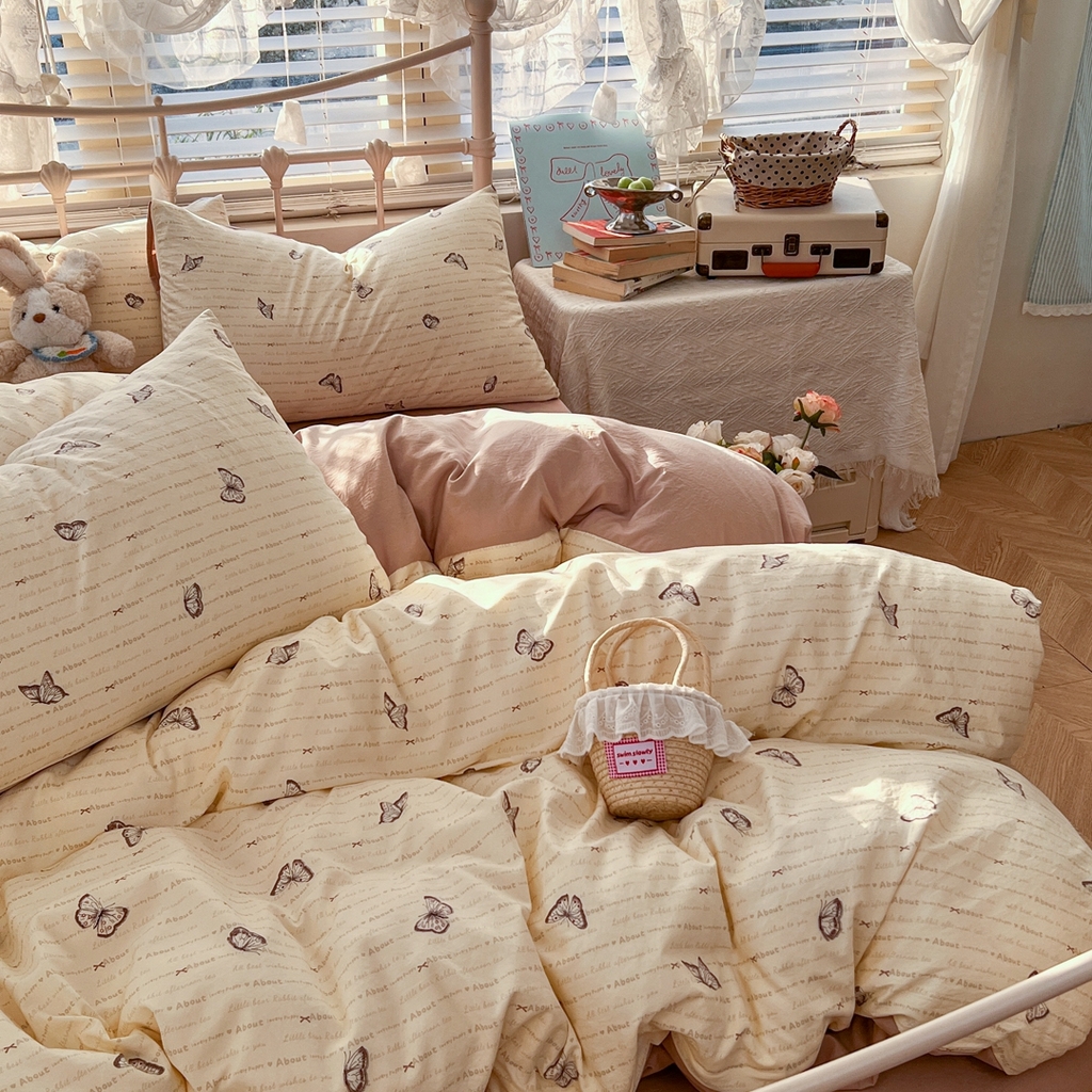 91家纺网 家纺一手货源 找家纺 玉海棠家纺 2026新款古法水洗仿棉云感纱四件套 蝴蝶飞