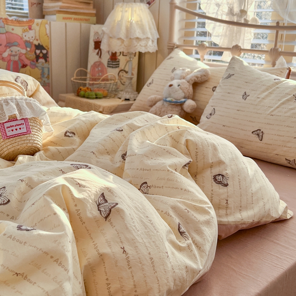 91家纺网 家纺一手货源 找家纺 玉海棠家纺 2026新款古法水洗仿棉云感纱四件套 蝴蝶飞