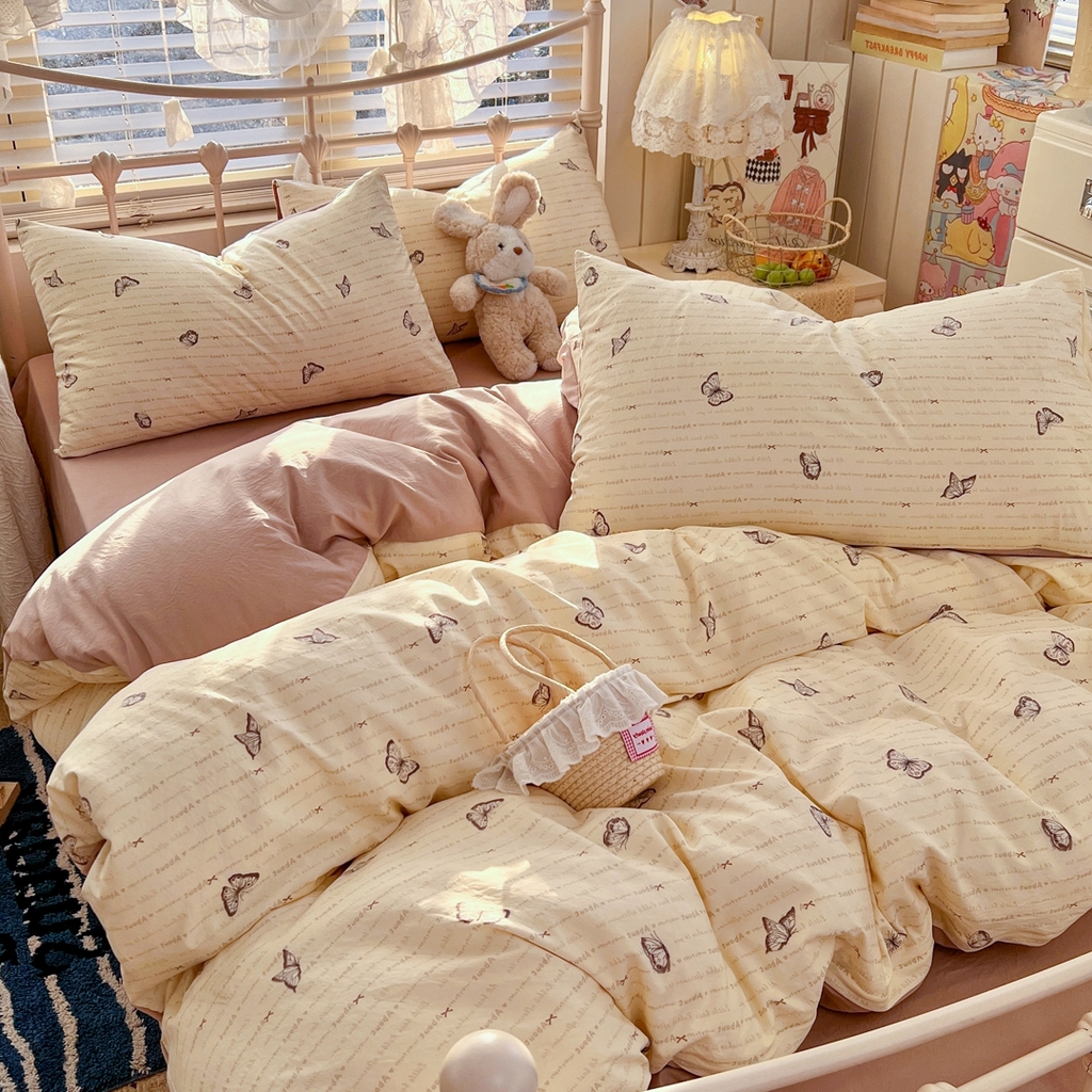 91家纺网 家纺一手货源 找家纺 玉海棠家纺 2026新款古法水洗仿棉云感纱四件套 蝴蝶飞