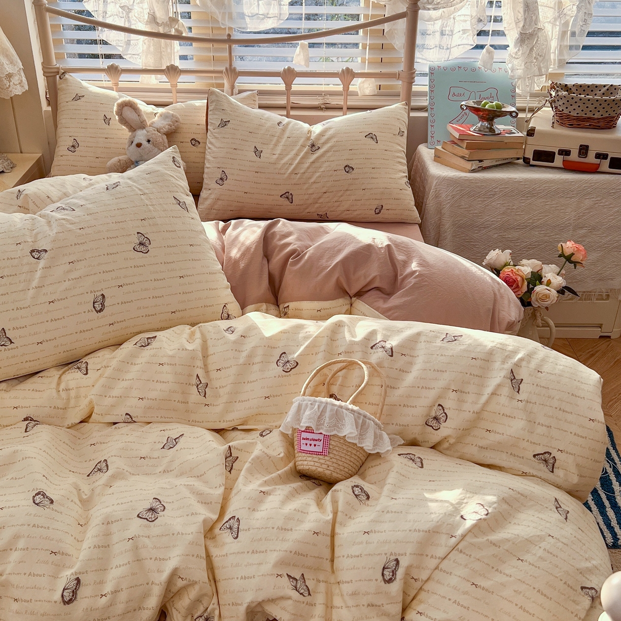 91家纺网 家纺一手货源 找家纺 玉海棠家纺 2026新款古法水洗仿棉云感纱四件套 蝴蝶飞