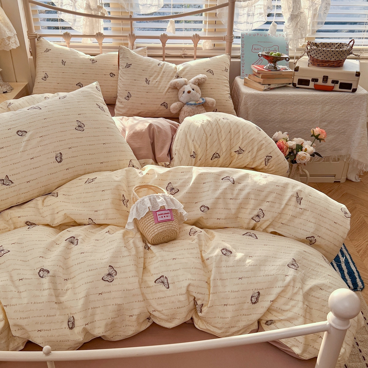 91家纺网 家纺一手货源 找家纺 玉海棠家纺 2026新款古法水洗仿棉云感纱四件套 蝴蝶飞