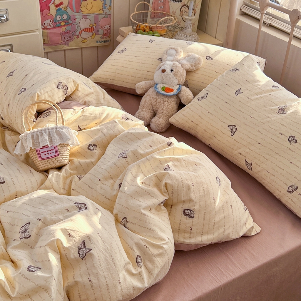 91家纺网 家纺一手货源 找家纺 玉海棠家纺 2026新款古法水洗仿棉云感纱四件套 蝴蝶飞