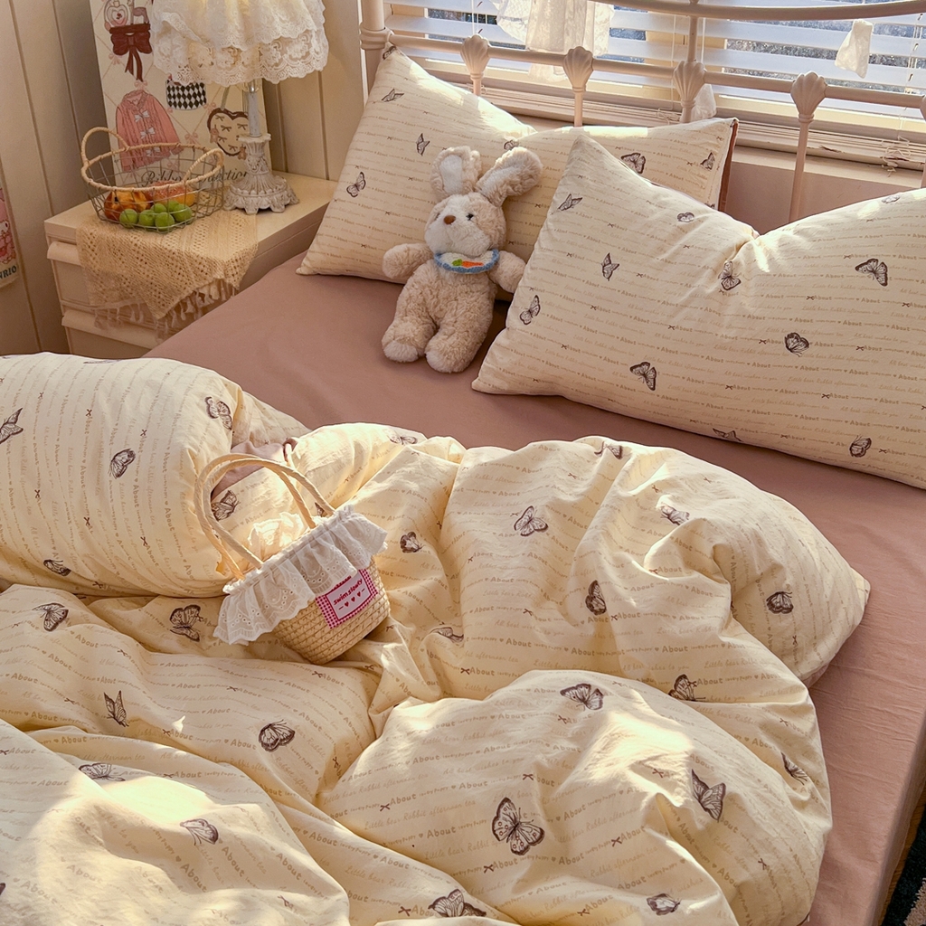 91家纺网 家纺一手货源 找家纺 玉海棠家纺 2026新款古法水洗仿棉云感纱四件套 蝴蝶飞