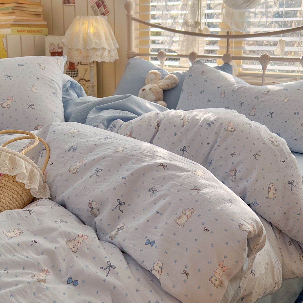 玉海棠家纺 2026新款古法水洗仿棉云感纱四件套 蓝调兔语