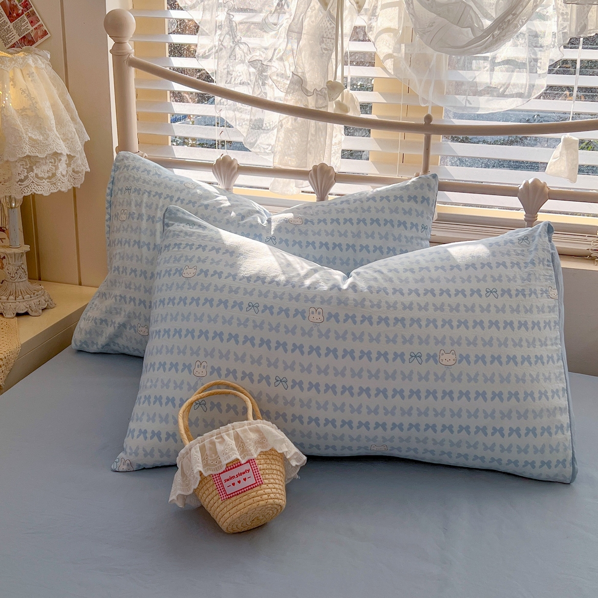 91家纺网 家纺一手货源 找家纺 玉海棠家纺 2026新款古法水洗仿棉云感纱四件套 浅蓝童话集