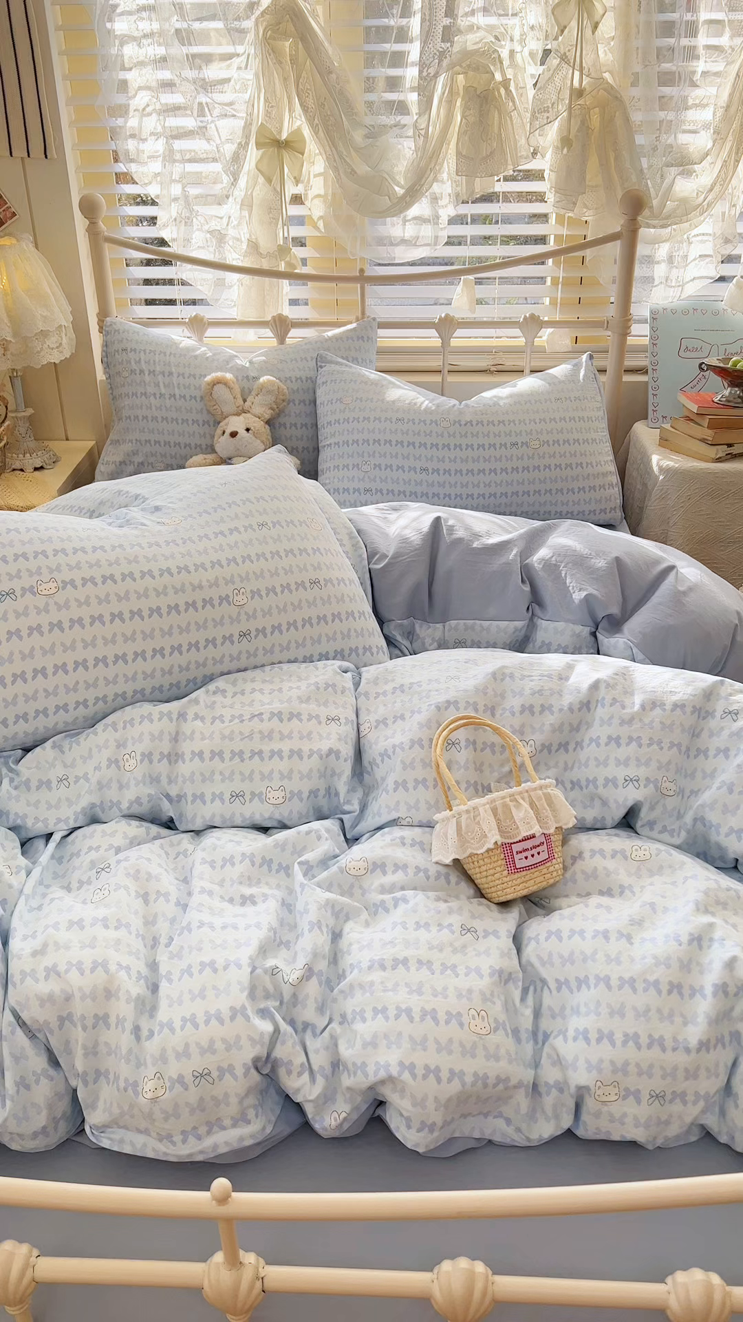 91家纺网 家纺一手货源 找家纺 玉海棠家纺 2026新款古法水洗仿棉云感纱四件套 浅蓝童话集