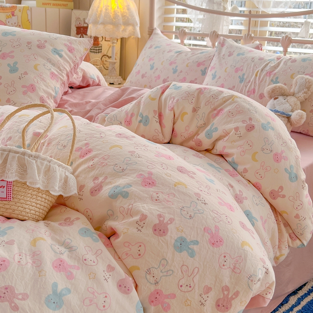 玉海棠家纺 2026新款古法水洗仿棉云感纱四件套 软萌七彩兔