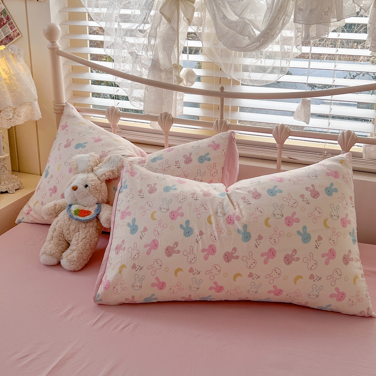 91家纺网 家纺一手货源 找家纺 玉海棠家纺 2026新款古法水洗仿棉云感纱四件套 软萌七彩兔