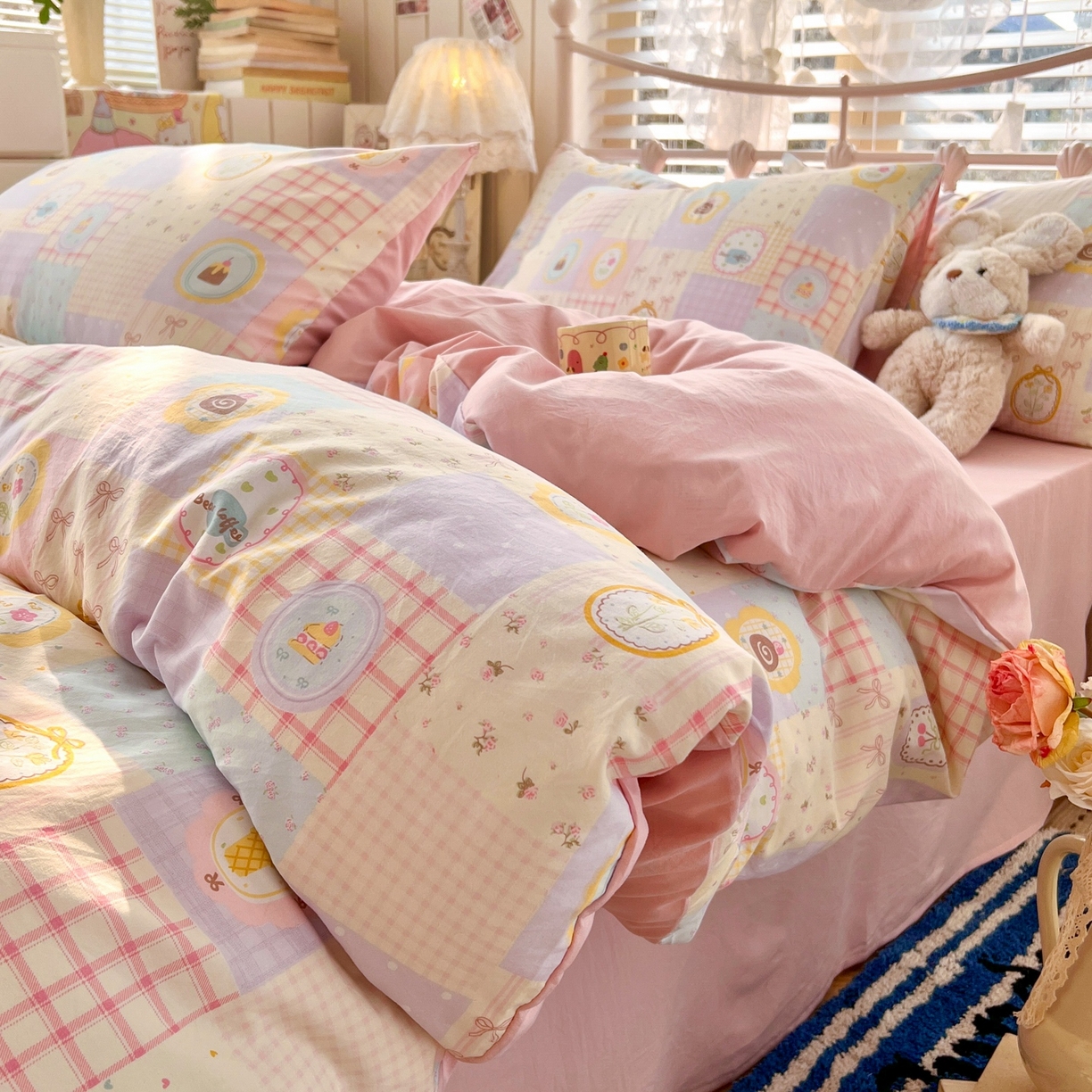 91家纺网 家纺一手货源 找家纺 玉海棠家纺 2026新款古法水洗仿棉云感纱四件套 甜品屋