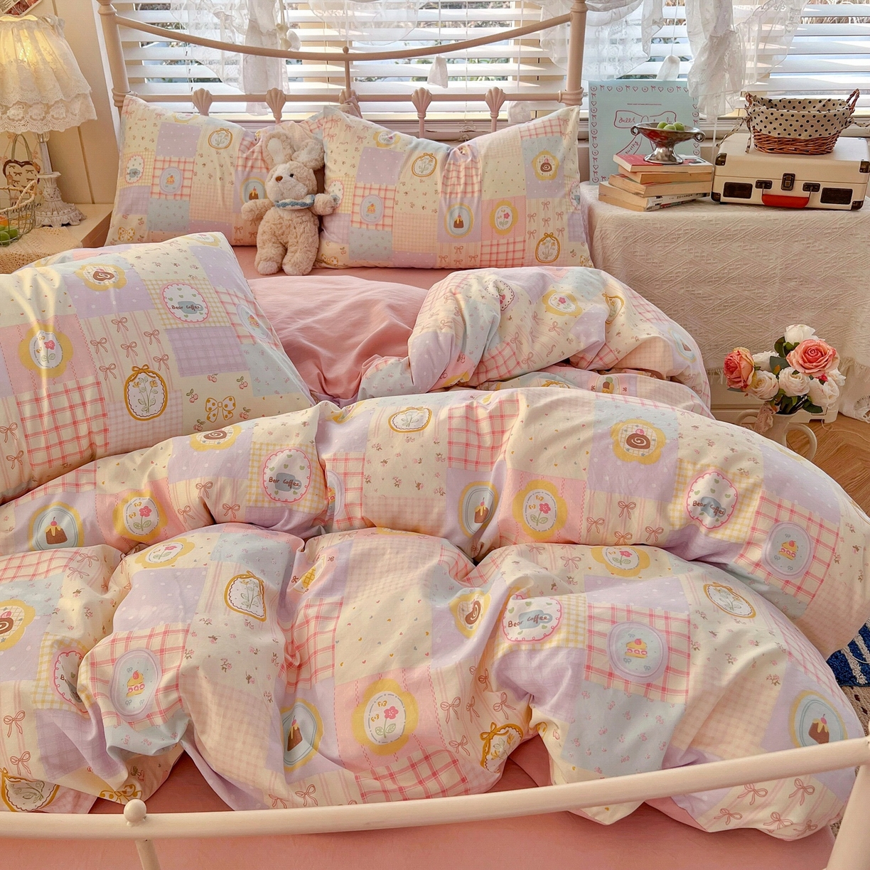 91家纺网 家纺一手货源 找家纺 玉海棠家纺 2026新款古法水洗仿棉云感纱四件套 甜品屋