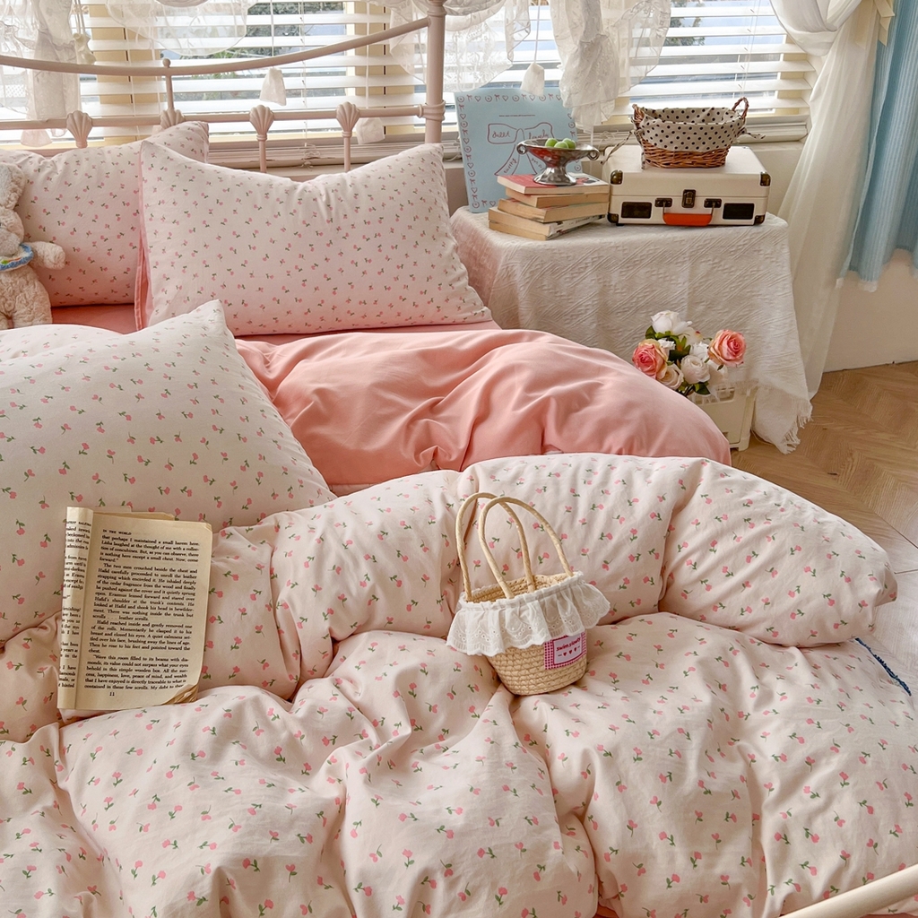 91家纺网 家纺一手货源 找家纺 玉海棠家纺 2026新款古法水洗仿棉云感纱四件套 甜心花园