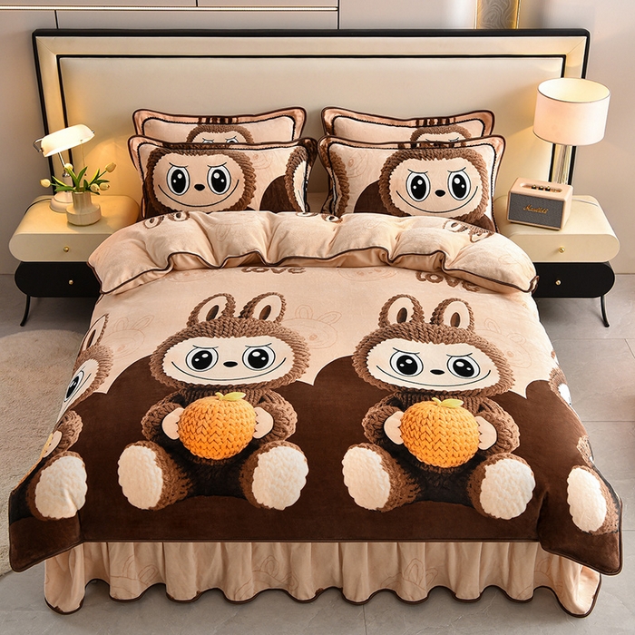 91家纺网 家纺一手货源 找家纺 绒宴 2025新款8.5斤牛奶绒金貂法莱绒床裙款保暖四件套 拉布布