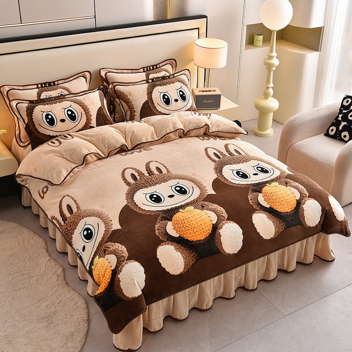 91家纺网 家纺一手货源 找家纺 绒宴 2025新款8.5斤牛奶绒金貂法莱绒床裙款保暖四件套 拉布布