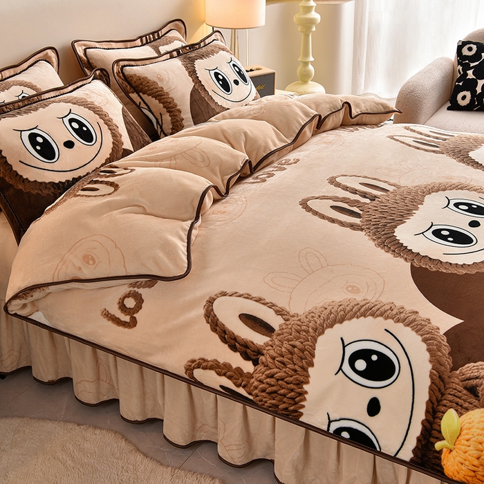 91家纺网 家纺一手货源 找家纺 绒宴 2025新款8.5斤牛奶绒金貂法莱绒床裙款保暖四件套 拉布布