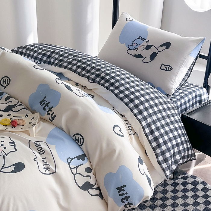 91家纺网 家纺一手货源 找家纺 友承家纺 2026新款床上用品磨毛四件套被单被套学生宿舍单人三件套被罩单件四季通用150cmx200cm 可爱猫