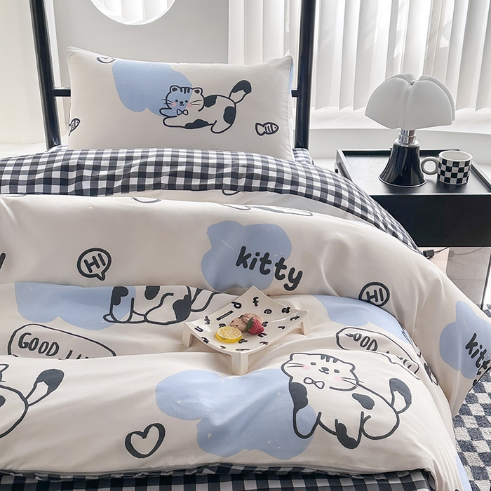 91家纺网 家纺一手货源 找家纺 友承家纺 2026新款床上用品磨毛四件套被单被套学生宿舍单人三件套被罩单件四季通用150cmx200cm 可爱猫