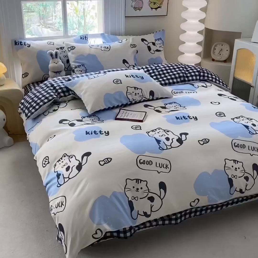 91家纺网 家纺一手货源 找家纺 友承家纺 2026新款床上用品磨毛四件套被单被套学生宿舍单人三件套被罩单件四季通用150cmx200cm 可爱猫