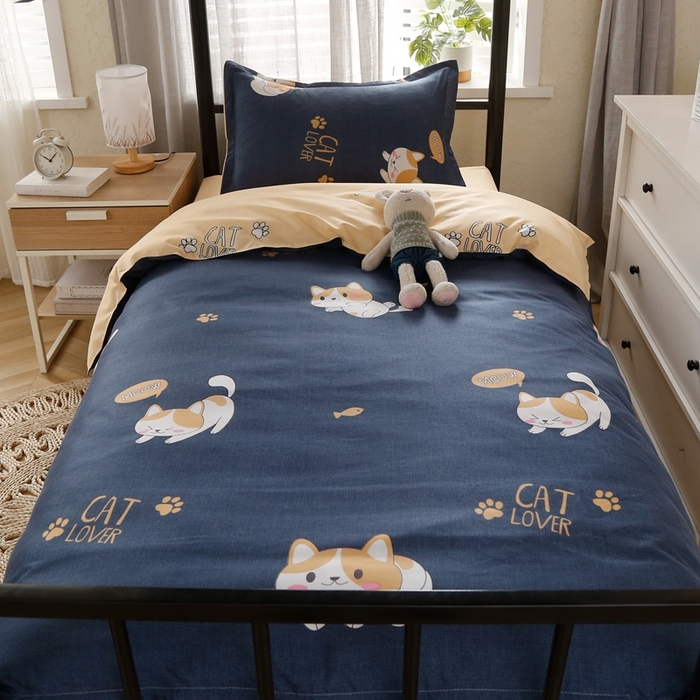 91家纺网 家纺一手货源 找家纺 友承家纺 2026新款床上用品磨毛四件套被单被套学生宿舍单人三件套被罩单件四季通用150cmx200cm 淘气猫兰