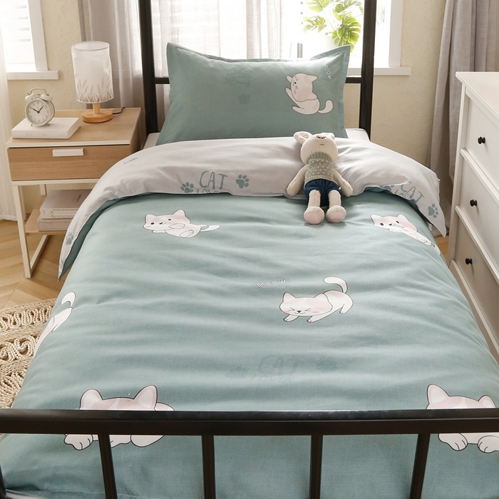 91家纺网 家纺一手货源 找家纺 友承家纺 2026新款床上用品磨毛四件套被单被套学生宿舍单人三件套被罩单件四季通用150cmx200cm 淘气猫绿