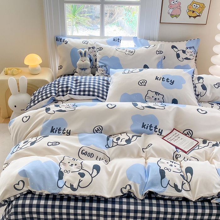 91家纺网 家纺一手货源 找家纺 友承家纺 2026新款床上用品磨毛水洗棉四件套被单被套学生宿舍单人三件套被罩单件四季通用 可爱猫