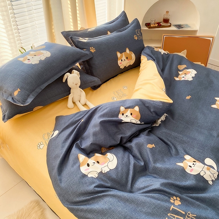 91家纺网 家纺一手货源 找家纺 友承家纺 2026新款床上用品磨毛水洗棉四件套被单被套学生宿舍单人三件套被罩单件四季通用 淘气猫兰