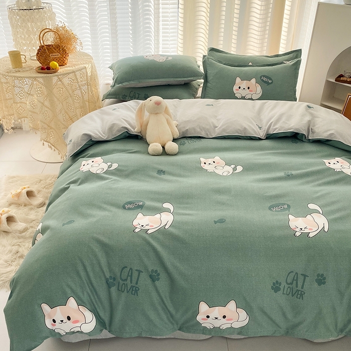 91家纺网 家纺一手货源 找家纺 友承家纺 2026新款床上用品磨毛水洗棉四件套被单被套学生宿舍单人三件套被罩单件四季通用 淘气猫绿
