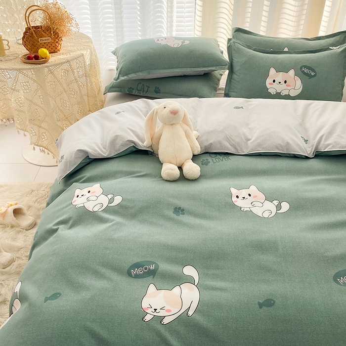 91家纺网 家纺一手货源 找家纺 友承家纺 2026新款床上用品磨毛水洗棉四件套被单被套学生宿舍单人三件套被罩单件四季通用 淘气猫绿