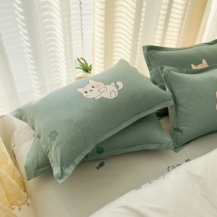 91家纺网 家纺一手货源 找家纺 友承家纺 2026新款床上用品磨毛水洗棉四件套被单被套学生宿舍单人三件套被罩单件四季通用 淘气猫绿