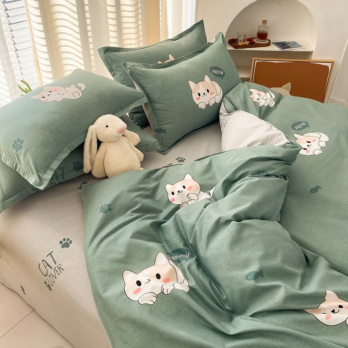 91家纺网 家纺一手货源 找家纺 友承家纺 2026新款床上用品磨毛水洗棉四件套被单被套学生宿舍单人三件套被罩单件四季通用 淘气猫绿
