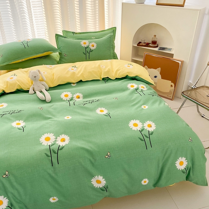 91家纺网 家纺一手货源 找家纺 友承家纺 2026新款床上用品磨毛水洗棉四件套被单被套学生宿舍单人三件套被罩单件四季通用 网红雏菊绿