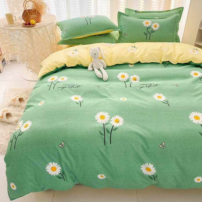 91家纺网 家纺一手货源 找家纺 友承家纺 2026新款床上用品磨毛水洗棉四件套被单被套学生宿舍单人三件套被罩单件四季通用 网红雏菊绿