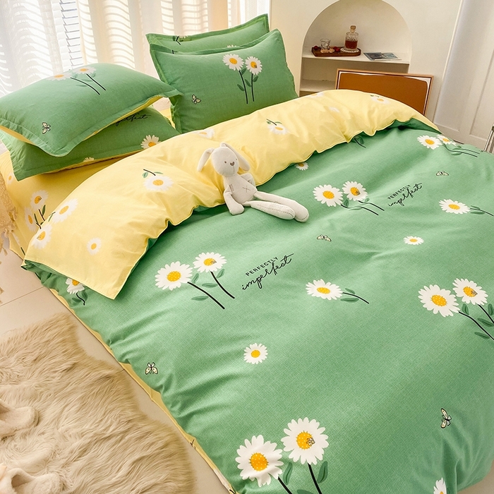 91家纺网 家纺一手货源 找家纺 友承家纺 2026新款床上用品磨毛水洗棉四件套被单被套学生宿舍单人三件套被罩单件四季通用 网红雏菊绿