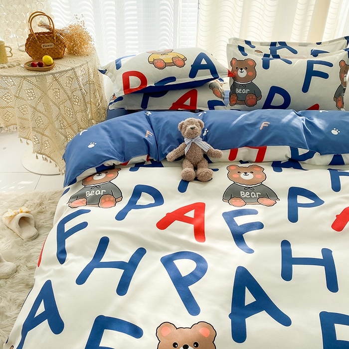 91家纺网 家纺一手货源 找家纺 友承家纺 2026新款床上用品磨毛水洗棉四件套被单被套学生宿舍单人三件套被罩单件四季通用 字母熊米