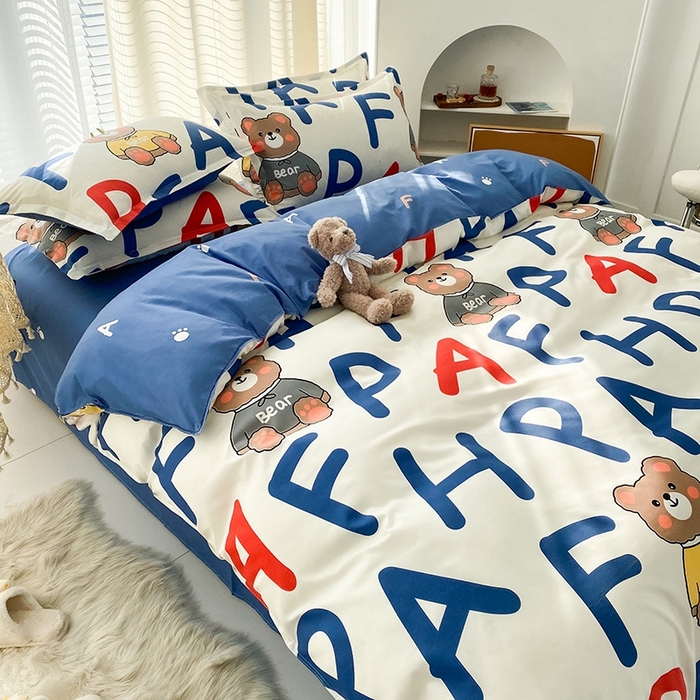 91家纺网 家纺一手货源 找家纺 友承家纺 2026新款床上用品磨毛水洗棉四件套被单被套学生宿舍单人三件套被罩单件四季通用 字母熊米