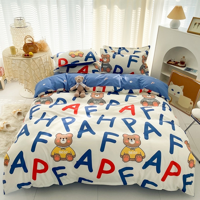 91家纺网 家纺一手货源 找家纺 友承家纺 2026新款床上用品磨毛水洗棉四件套被单被套学生宿舍单人三件套被罩单件四季通用 字母熊米