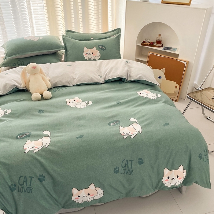 91家纺网 家纺一手货源 找家纺 友承家纺 2026年新款床上用品学生宿舍套件亲肤磨毛单件被套150x180x220cm芦荟棉被罩200x230 淘气猫绿