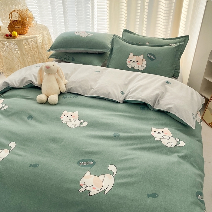 91家纺网 家纺一手货源 找家纺 友承家纺 2026年新款床上用品学生宿舍套件亲肤磨毛单件被套150x180x220cm芦荟棉被罩200x230 淘气猫绿