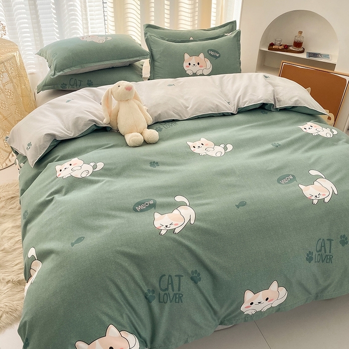 91家纺网 家纺一手货源 找家纺 友承家纺 2026年新款床上用品学生宿舍套件亲肤磨毛单件被套150x180x220cm芦荟棉被罩200x230 淘气猫绿