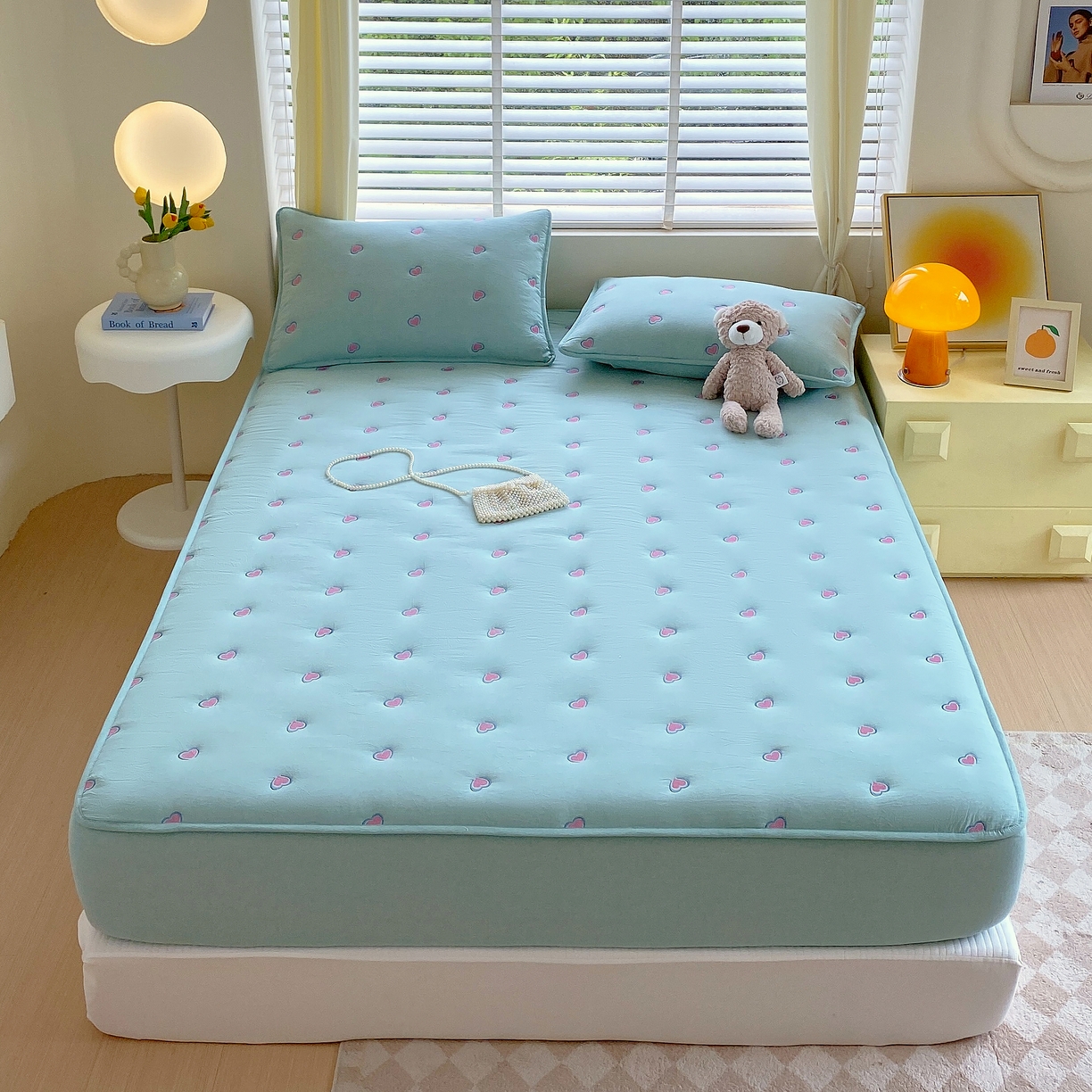 91家纺网 家纺一手货源 找家纺 卡诗兰 2026新款全棉色织夹棉刺绣床笠-爱意满满 爱意满满-翠绿