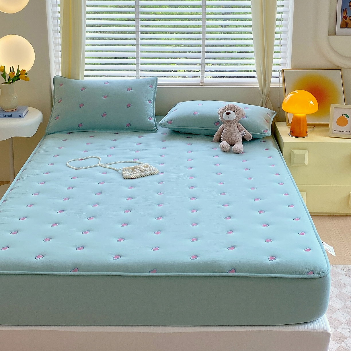 91家纺网 家纺一手货源 找家纺 卡诗兰 2026新款全棉色织夹棉刺绣床笠-爱意满满 爱意满满-翠绿