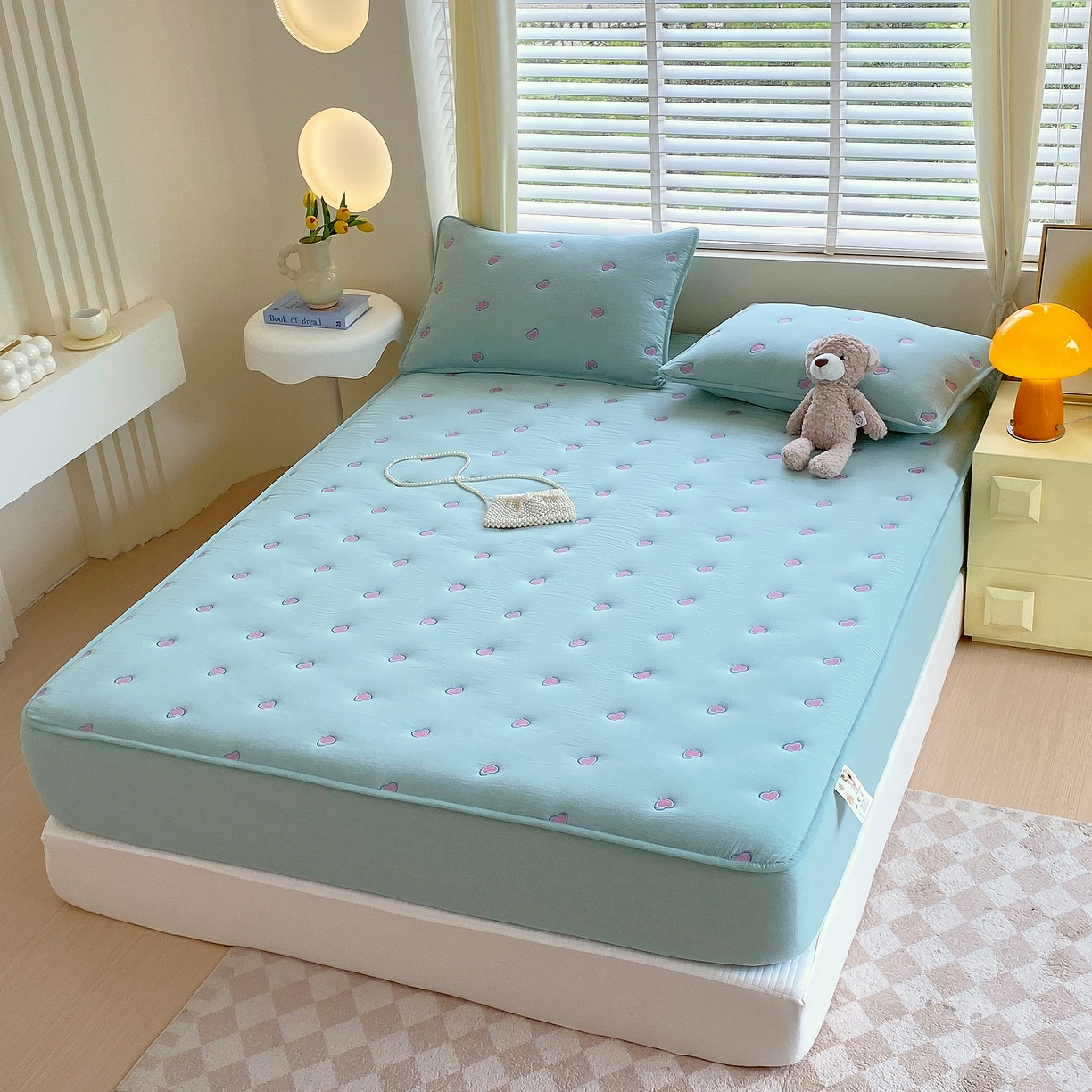 91家纺网 家纺一手货源 找家纺 卡诗兰 2026新款全棉色织夹棉刺绣床笠-爱意满满 爱意满满-翠绿